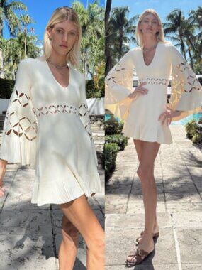 Alexis Linden Mini Dress Off White Cut Out Bell Sleeve Ruffled Size S